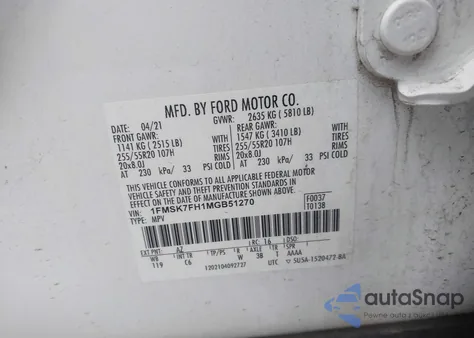 2021 Ford Explorer Limited z USA, uszkodzony, nr VIN 1FMSK7FH1MGB51270